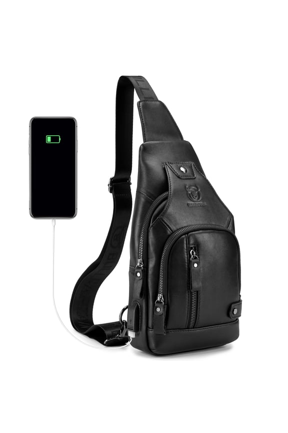 Men Leather Sling Bag Casual Shoulder Chest Crossbody Bag Hiking Travel Daypack with USB Charging Port