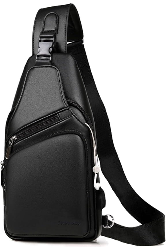 Men Leather Sling Bag Purse Waterproof Crossbody Chest Bag Sling Backpack with USB Charging Port One Shoulder Bag