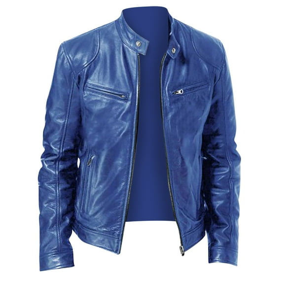 Men Leather Zip up Jacket, Stand Collar Motorcycle Jacket Long Sleeve Windproof Outwear Coat Blue XL