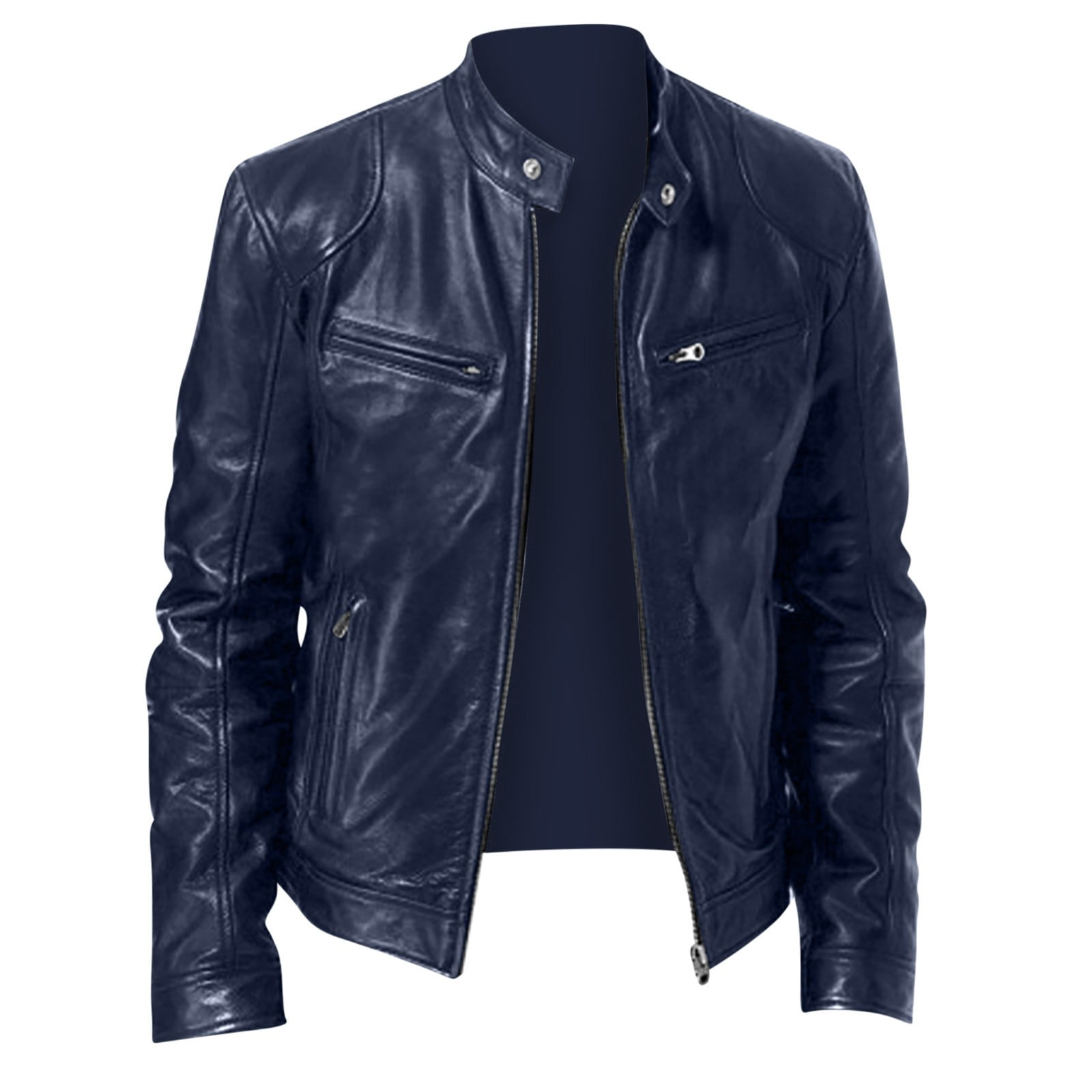 Men Leather Zip up Jacket, Stand Collar Motorcycle Jacket Long Sleeve Windproof Outwear Coat Dark Blue 3XL