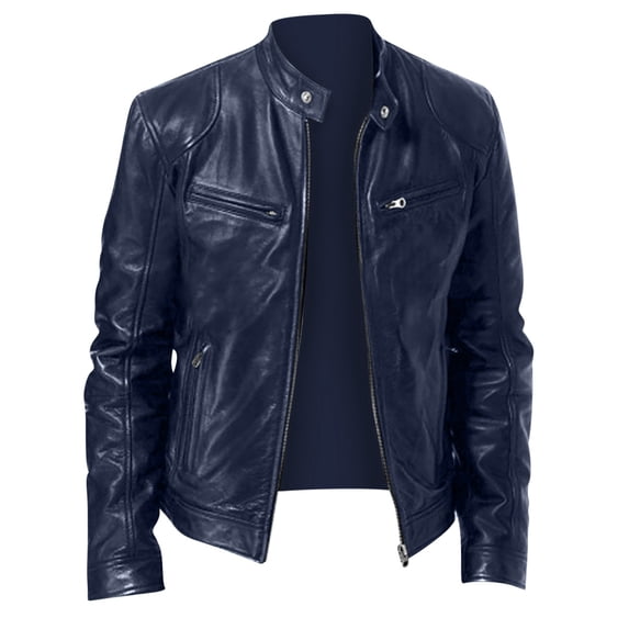 Men Leather Zip up Jacket, Stand Collar Motorcycle Jacket Long Sleeve Windproof Outwear Coat Dark Blue S
