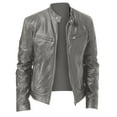thumbnail image 1 of Men Leather Zip up Jacket, Stand Collar Motorcycle Jacket Long Sleeve Windproof Outwear Coat Dark Gray L, 1 of 3