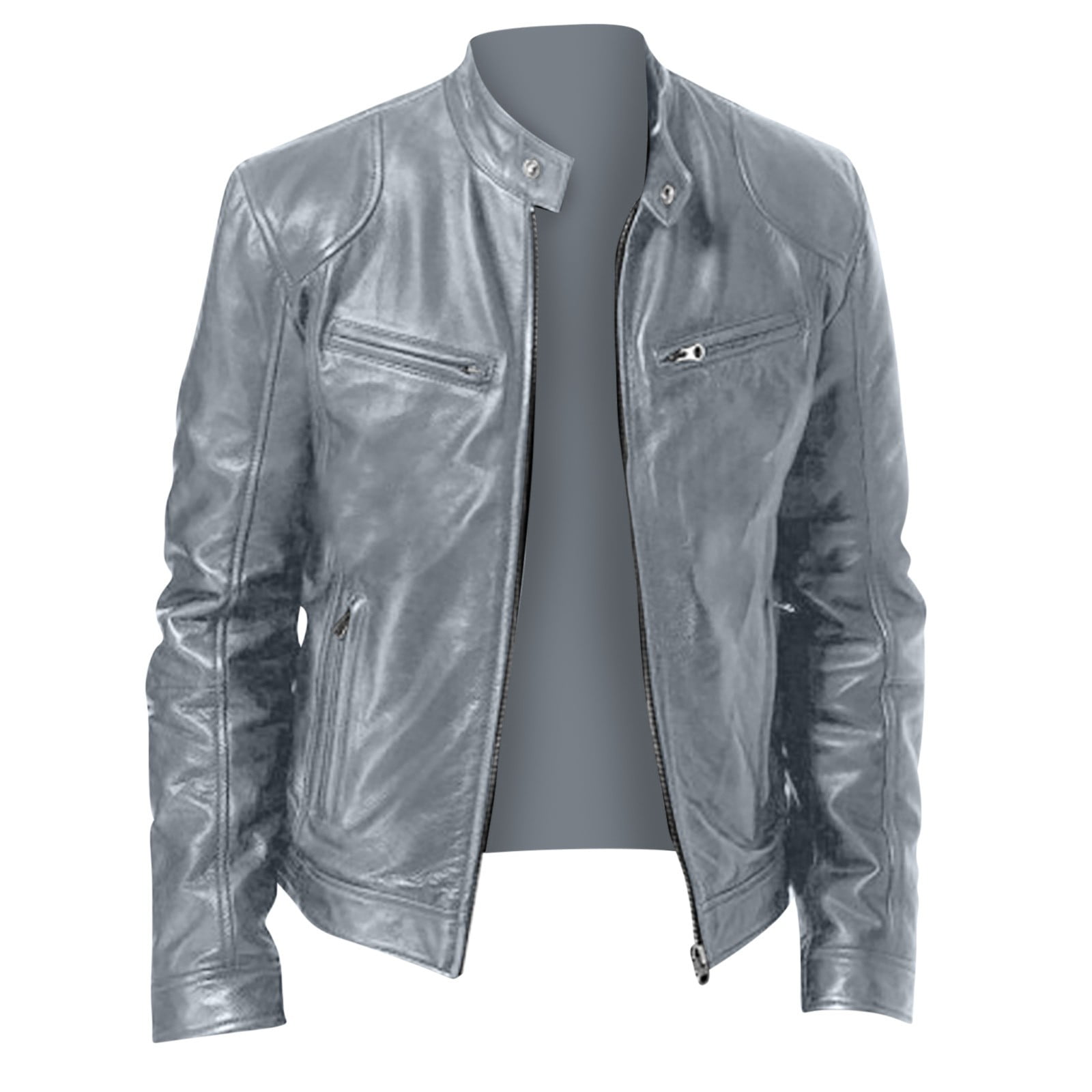 Men Leather Zip up Jacket, Stand Collar Motorcycle Jacket Long Sleeve Windproof Outwear Coat Gray XXL