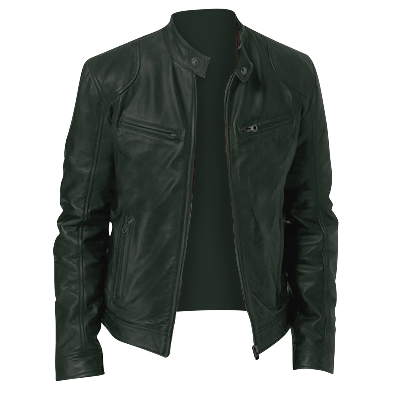 Men Leather Zip up Jacket, Stand Collar Motorcycle Jacket Long Sleeve Windproof Outwear Coat Green XL