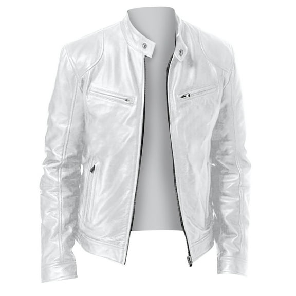 Men Leather Zip up Jacket, Stand Collar Motorcycle Jacket Long Sleeve Windproof Outwear Coat White XXL