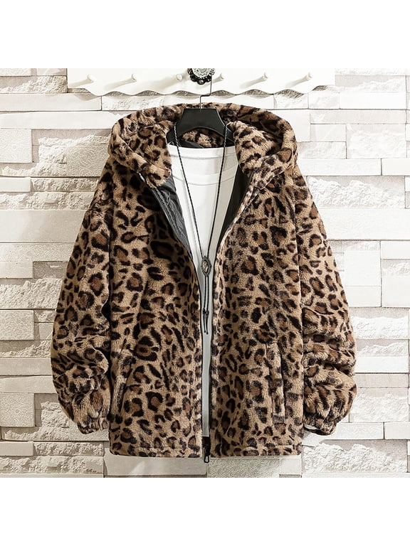 Men Leopard Print Hooded Coat Long Sleeve Relaxed Fit Casual Jacket Soft Warm Outerwear for Fall Winter Streetwear