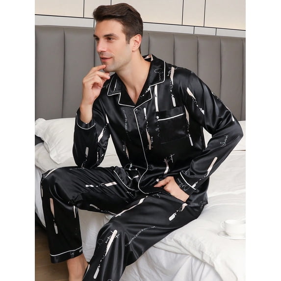 Men Letter Graphic Contrast Piping Satin PJ Set