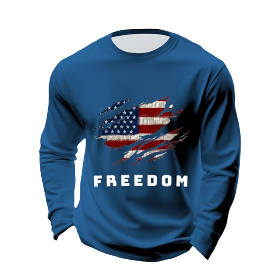Men Letter Graphic T Shirts Freedom Long Sleeve Tee Tops Dark Blue L
