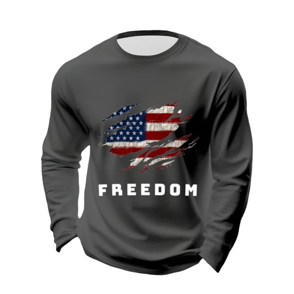 Men Letter Graphic T Shirts Freedom Long Sleeve Tee Tops Grey 4XL