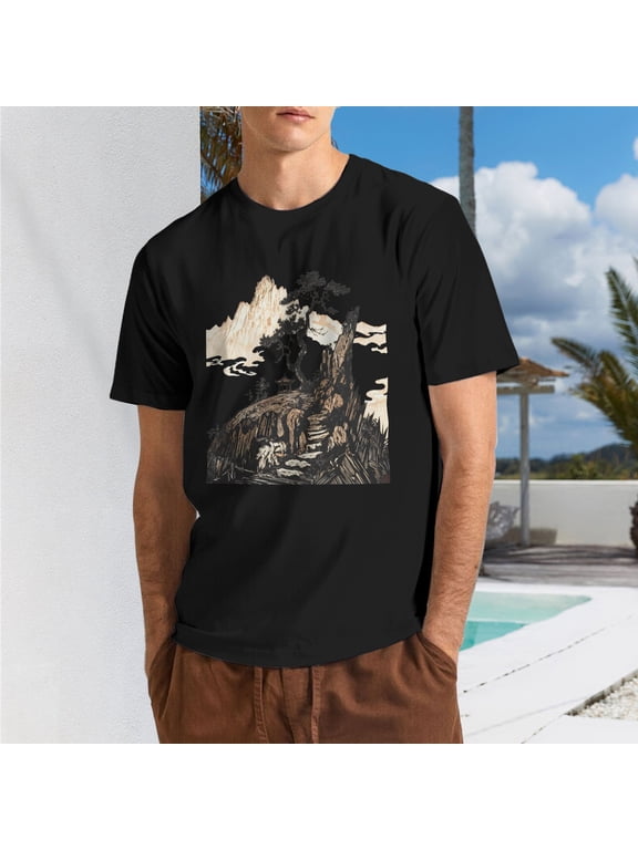 Men Light Ink Pine Pavilion Peak Mountain Silhouette Crew Neck T-Shirt, Minimal Oriental Zen Cliff Scenery Poly Cotton Casual Short Sleeve Tee