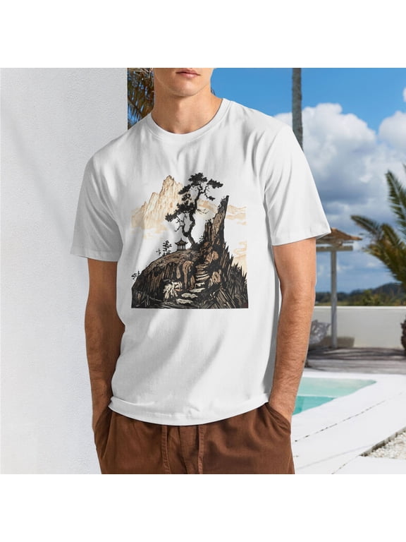 Men Light Ink Pine Pavilion Peak Mountain Silhouette Crew Neck T-Shirt, Minimal Oriental Zen Cliff Scenery Poly Cotton Casual Short Sleeve Tee