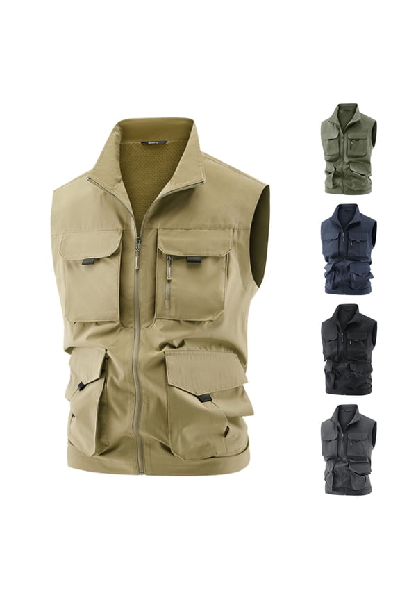 Men Lightweight Cargo Vest Outdoor Leisure Vest with Pockets Men's Big&Tall Work Jacket Standing Collar Multi-Pockets Outdoor Jacket Coat Army Green 3XL