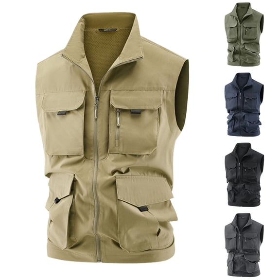 Men Lightweight Cargo Vest Outdoor Leisure Vest with Pockets Men's Big&Tall Work Jacket Standing Collar Multi-Pockets Outdoor Jacket Coat Gray XXL