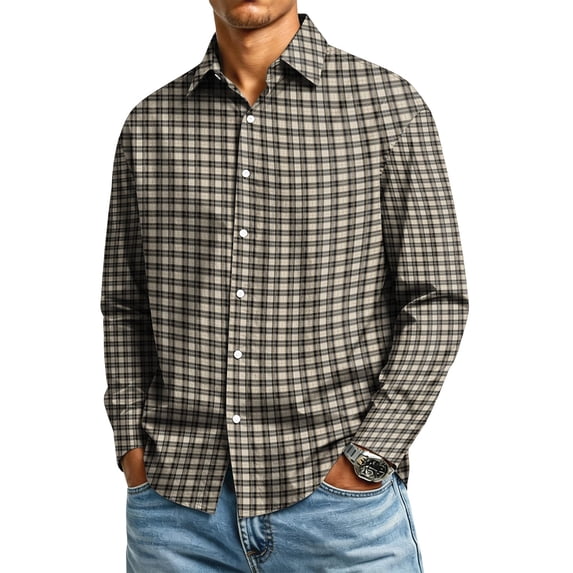 Men Lightweight Checkered Gingham Long Sleeve Button Front Shirt Regular Fit Stretch Lapel Collar Machine Washable Office Work Casual Outdoor Fall Wear Collection 3XL