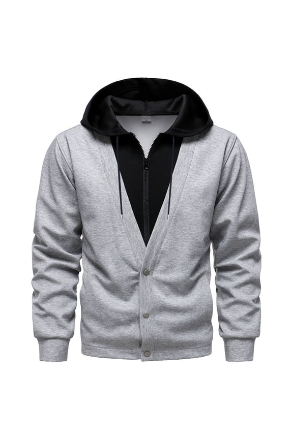Men Lightweight Hooded Button-and-Zipper Close Long Sleeve False Bilayer Coat Casual Color Block Sweatshirt