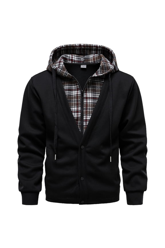 Men Lightweight Hooded Button-and-Zipper Close Long Sleeve False Bilayer Coat Casual Color Block Sweatshirt