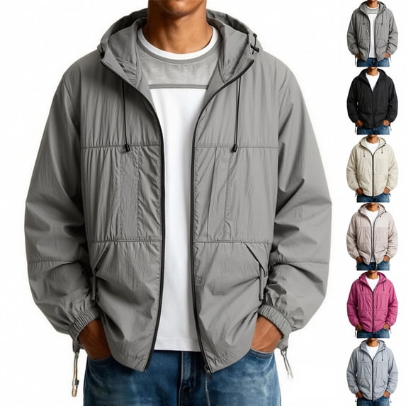 Men Lightweight Hooded Jacket Sun Protection Breathable Thin Outerwear with Zipper Front and Adjustable Drawstring Design