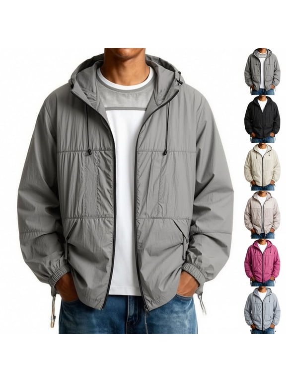 Men Lightweight Hooded Jacket Sun Protection Breathable Thin Outerwear with Zipper Front and Adjustable Drawstring Design