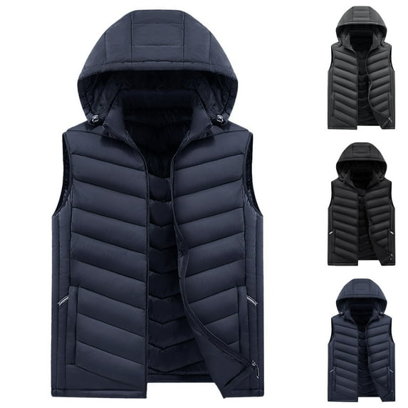Men Lightweight Outdoor Leisure Vest with Pockets Men's Solid Color Sleeveless Jacket Warm Thick Sleeveless Detachable Hooded Vest Blue L