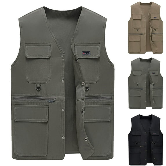 Men Lightweight Outdoor Sport Vest Men's Casual Fashion Multi-Pockets Solid Color Sleeveless V-Neck Top Waistcoat Outerwear Army Green 205