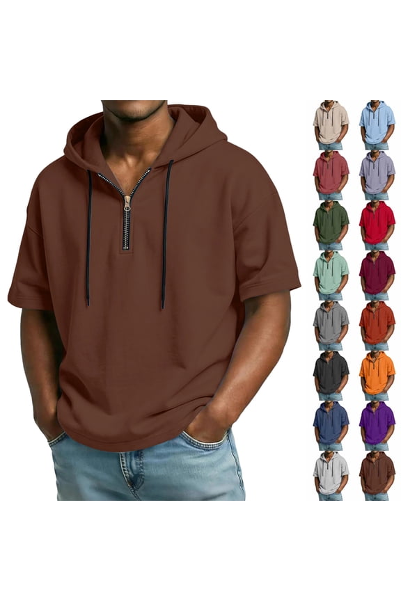 Men Lightweight Oversized Hoodie Shirt Short Sleeve Hooded Quarter Zip Casual Pullover with Adjustable Drawstring, #01 Coffee, XXL