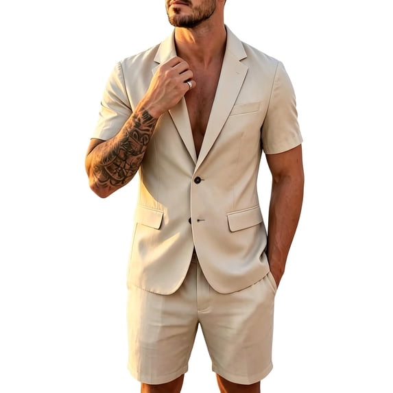Men Lightweight Slim Suit Shorts Set Summer Beach Party Short Sleeve Blazer & Short Pants Set Casual Textured Tuxedo Shorts Set 2pcs Khaki