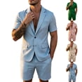 thumbnail image 1 of Men Lightweight Slim Suit Shorts Set Summer Beach Party Short Sleeve Blazer & Short Pants Set Casual Textured Tuxedo Shorts Set 2pcs Light Blue, 1 of 9