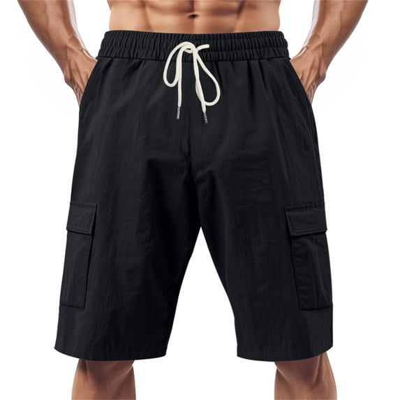 Men Linen Cargo Athletic Shorts – Breathable Natural Fabric Sport Shorts With Loose Multi Pocket Utility Design, Outdoor Workwear Style Casual Bottoms For Hiking Travel Summer