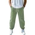 thumbnail image 1 of Men Linen Drawstring Pants with Elastic Waist Straight-Legs Pants with Pockets with Deep Pockets Long Pants Summer Beach Casual Loose Fit Lounge Wear,Green XL, 1 of 5