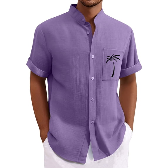 Men Linen Hawaiian Shirt Short Sleeve Button Down Stand Collar Beach Vacation Summer Holiday Casual Shirt with Palm Tree Print Tees