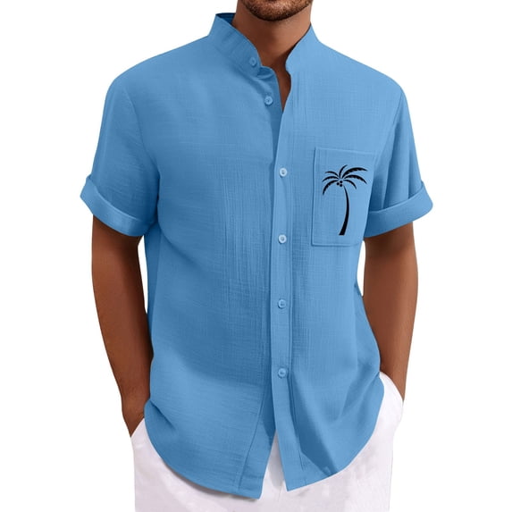 Men Linen Hawaiian Shirt Short Sleeve Button Down Stand Collar Beach Vacation Summer Holiday Casual Shirt with Palm Tree Print Tees