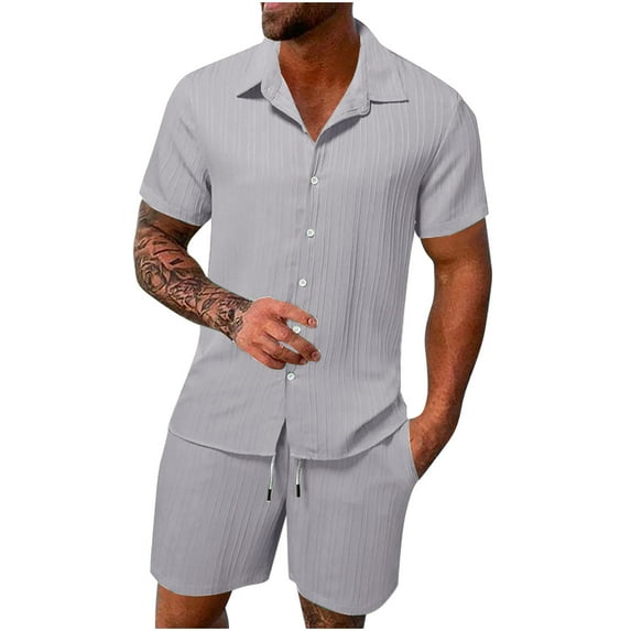 Men Linen Matching Shirt and Short Set Casual Hawaiian Textured Shirts Summer Beach Outfits 2 Piece Summer Clothes