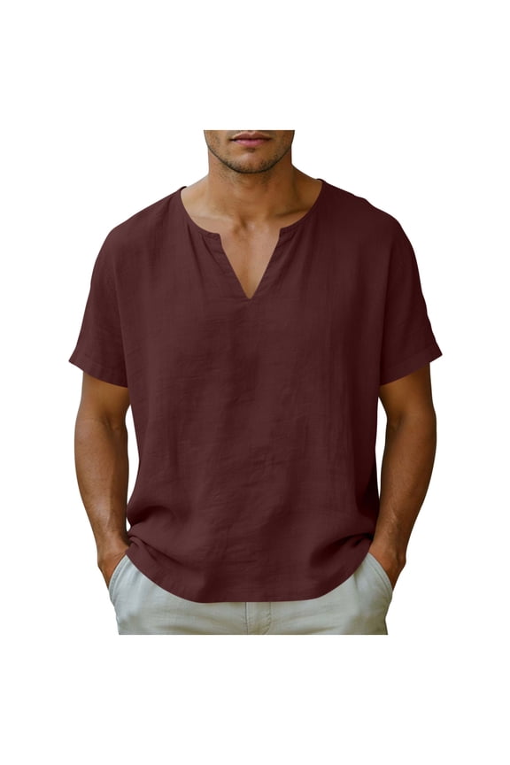 Men Linen Shirt Short Sleeve V Neck Tshirts Loose Casual Breathable Summer Beach Tee Tops Lightweight Basic Clothes