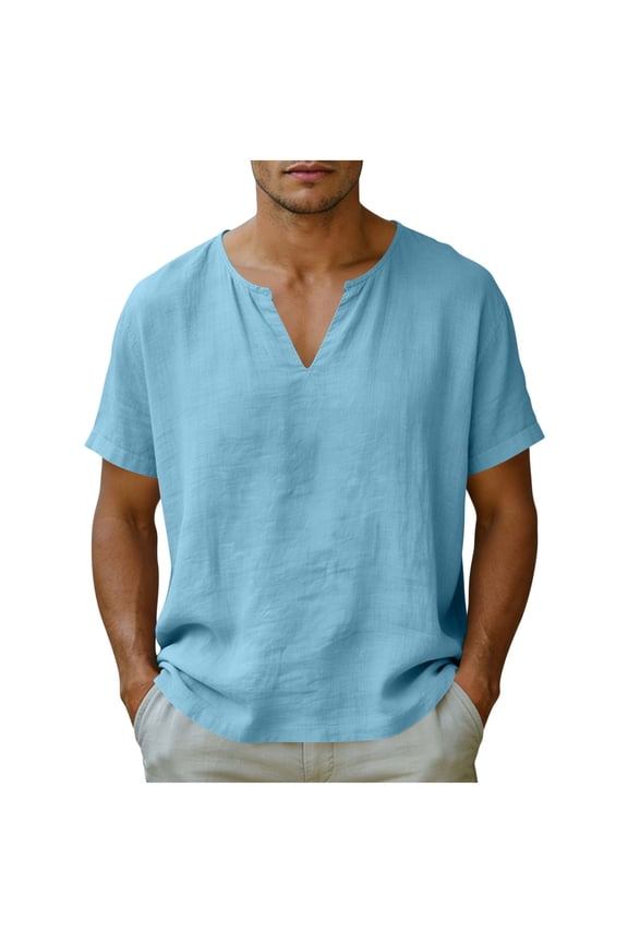 Men Linen Shirt Short Sleeve V Neck Tshirts Loose Casual Breathable Summer Beach Tee Tops Lightweight Basic Clothes