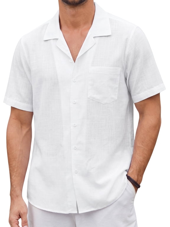 Men White Linen Shirts Casual Short Sleeve Button Down Shirts Summer Beach Hawaiian Shirt with Pocket