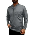 thumbnail image 1 of Men Linen Shirts,Solid Color Long Sleeve Stand-up Collar Button Henley Shirt Office Casual Breathable Blouses Outdoor Fashion Pullover Tops Mens Fall Winter Basic Tees with Pocket S-XXL, 1 of 9