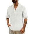 thumbnail image 1 of Men Linen Shirts,Solid Color Stand Collar Long Sleeve Button Henley Shirts,Autumn Winter Comfort Breathable Pullover Blouses Holiday Vacation Casual Loose Tops with Pocket Tees, 1 of 7