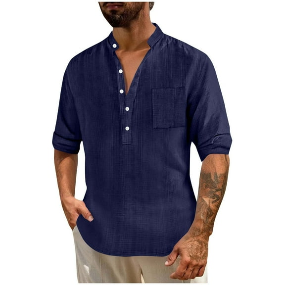 Men Linen Shirts,Solid Color Stand Collar Long Sleeve Button Henley Shirts,Autumn Winter Comfort Breathable Pullover Blouses Holiday Vacation Casual Loose Tops with Pocket Tees