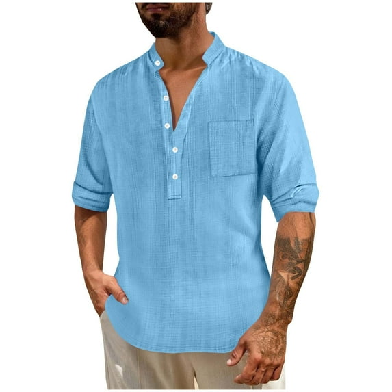 Men Linen Shirts,Solid Color Stand Collar Long Sleeve Button Henley Shirts,Autumn Winter Comfort Breathable Pullover Blouses Holiday Vacation Casual Loose Tops with Pocket Tees