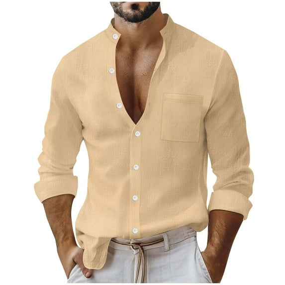Men Linen Shirts,Solid Color Stand Collar Long Sleeve Button Down Shirts,Autumn Winter Office Business Work Blouses Comfort Breathable Cotton Linen Tees Casual Loose Tops with Pocket