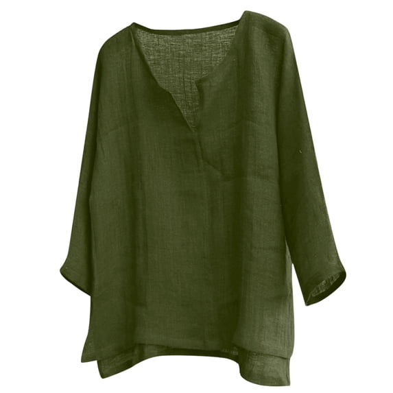 Men Linen Shirts Summer 3/4 Sleeve Tops Plus Size V Neck Gauze Blouses Dressy Casual Loose Clothes,Army Green,5XL