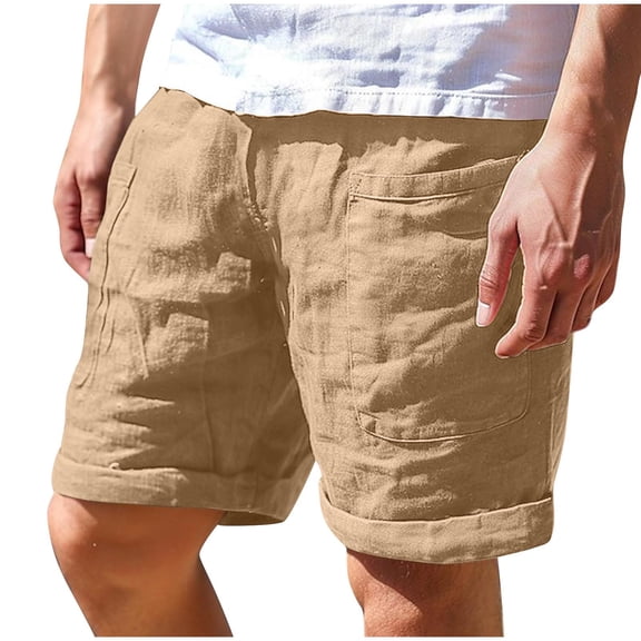 Men Linen Shorts Drawstring Elastic Waist 7 Inch Inseam Lightweight Casual Summer Beach Shorts with Pockets