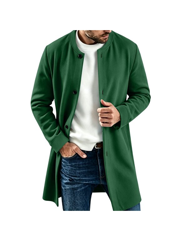 Men Long Coat Button Long Sleeve Thin Fleece Jacket with Pocket,Loose Windproof Fall Winter Daily Casual Comfy Wear,Mid Length Style,Green,L