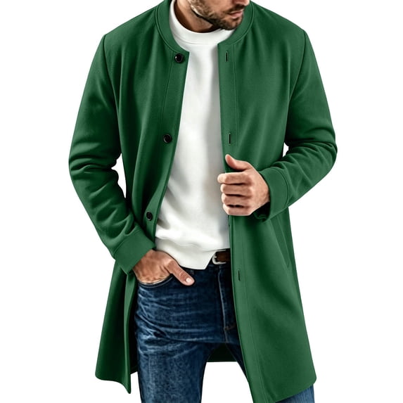 Men Long Coat Button Long Sleeve Thin Fleece Jacket with Pocket,Loose Windproof Fall Winter Daily Casual Comfy Wear,Mid Length Style,Green,M