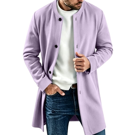 Men Long Coat Button Long Sleeve Thin Fleece Jacket with Pocket,Loose Windproof Fall Winter Daily Casual Comfy Wear,Mid Length Style,Purple,3XL