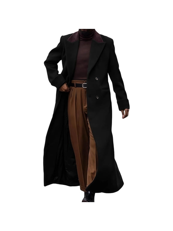 Men Long Coat Notched Lapel Double Breasted Long Sleeve Overcoat, Relaxed Pocketed Elegant Outerwear for Fall Winter Business Casual Daily Wear Black L