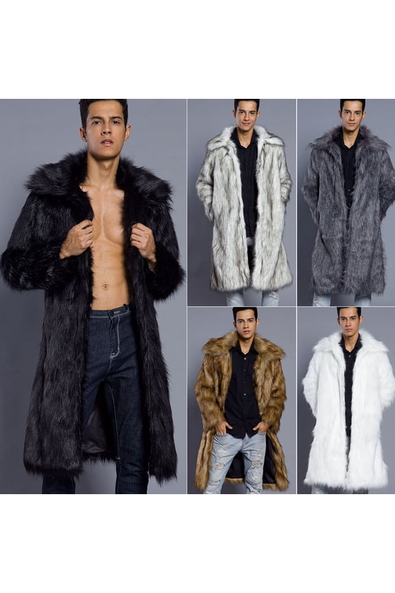 Men Long Faux Fur Overcoat - Lapel Long Sleeve Windproof Open Front Coat Thickened Warm Imitation Fur Outwear