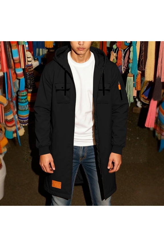 Men Long Hooded Jackets Solid Zipper Pockets Long Sleeve Mid Length Coat Loose Casual Outwear Coats Black 3XL