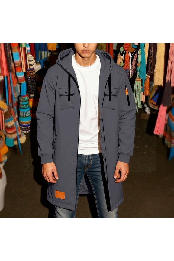 Men Long Hooded Jackets Solid Zipper Pockets Long Sleeve Mid Length Coat Loose Casual Outwear Coats Dark Gray M