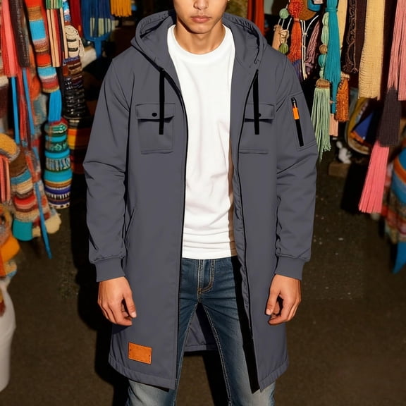 Men Long Hooded Jackets Solid Zipper Pockets Long Sleeve Mid Length Coat Loose Casual Outwear Coats Dark Gray XXL